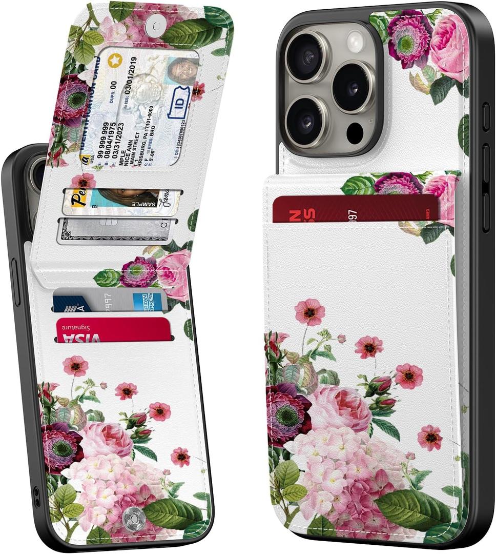 Bemal for iPhone 14 Pro Wallet Case, Built-in Card Holder, Fashion Printed, RFID Blocking, PU Leather Kickstand, Magnetic Closure, Shockproof Phone Cover for Women and Men, Blooming Roses