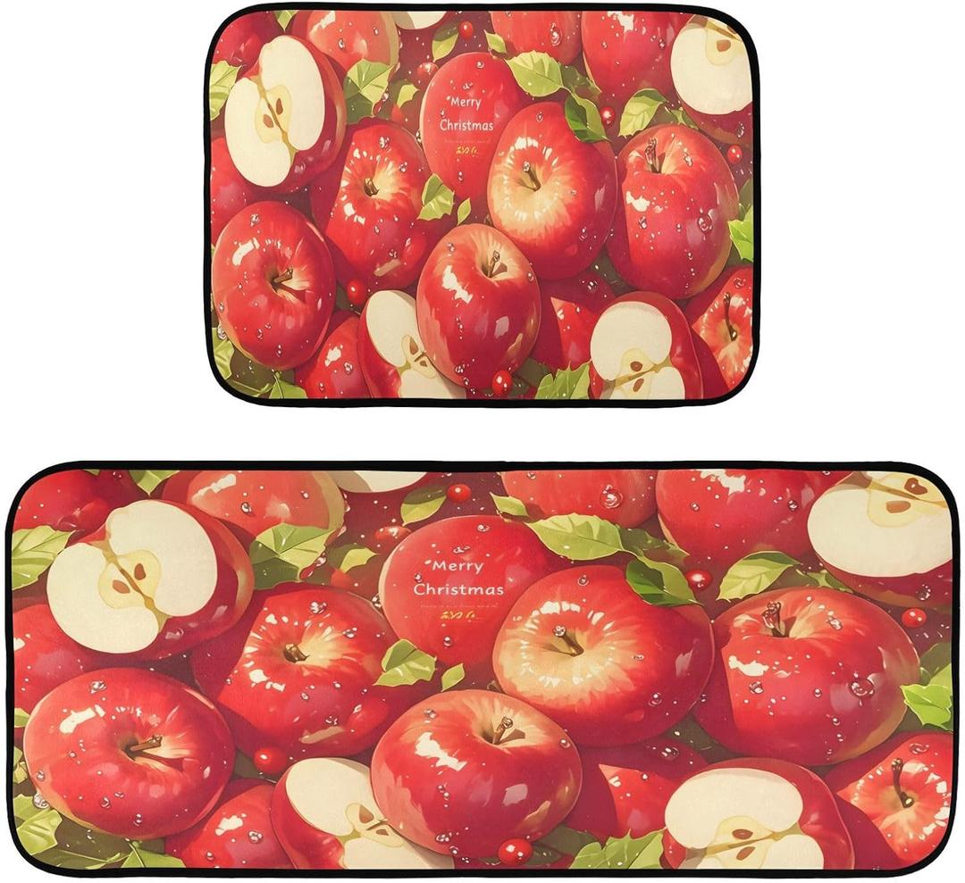 Red Apples Kitchen Rugs Set of 2, Kitchen Floor Mats Bathroom Non Slip Washable Carpet Doormat - 27"x19"+47"x19"