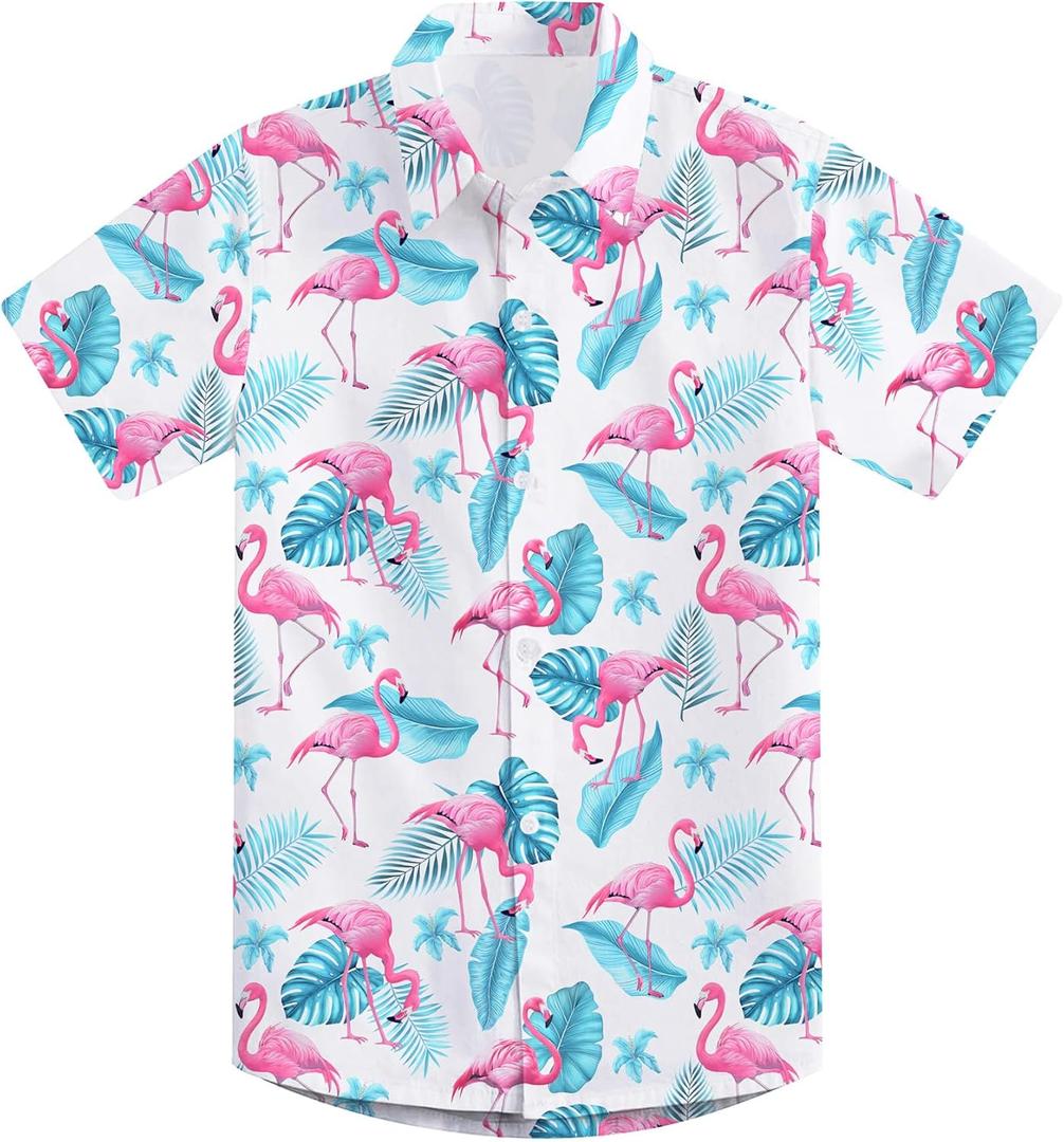 2-10T Boys Novelty Hawaiian Short Sleeve Button Down Dress Shirt (A0-flamingo 01)