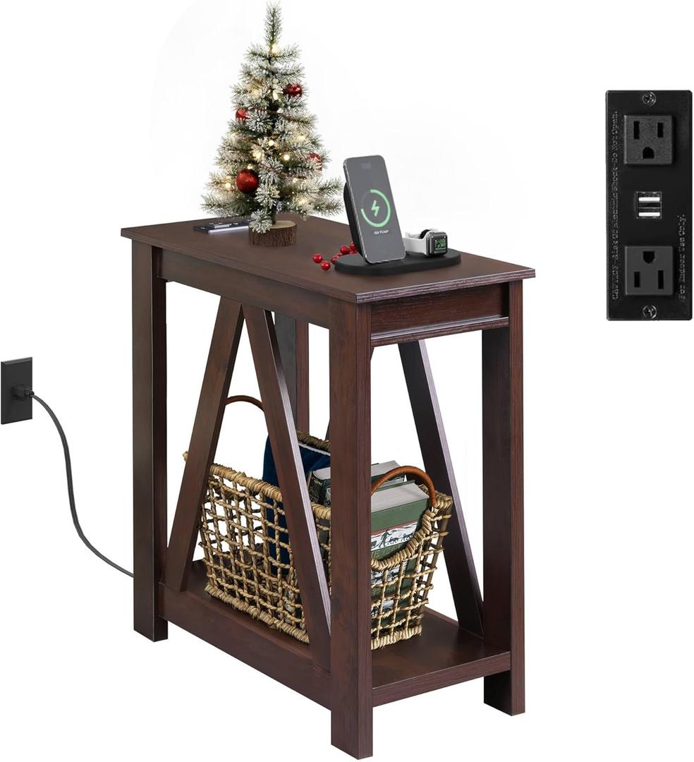 WLIVE Narrow End Table with Charging Station of Open Storage ShelfSofa Side Table with 2 USB Ports and 2 Power OutletsSlim Farmhouse End Table for Small Spaces, 11.8" D x 23.6" W x 23.74" H (Espresso)