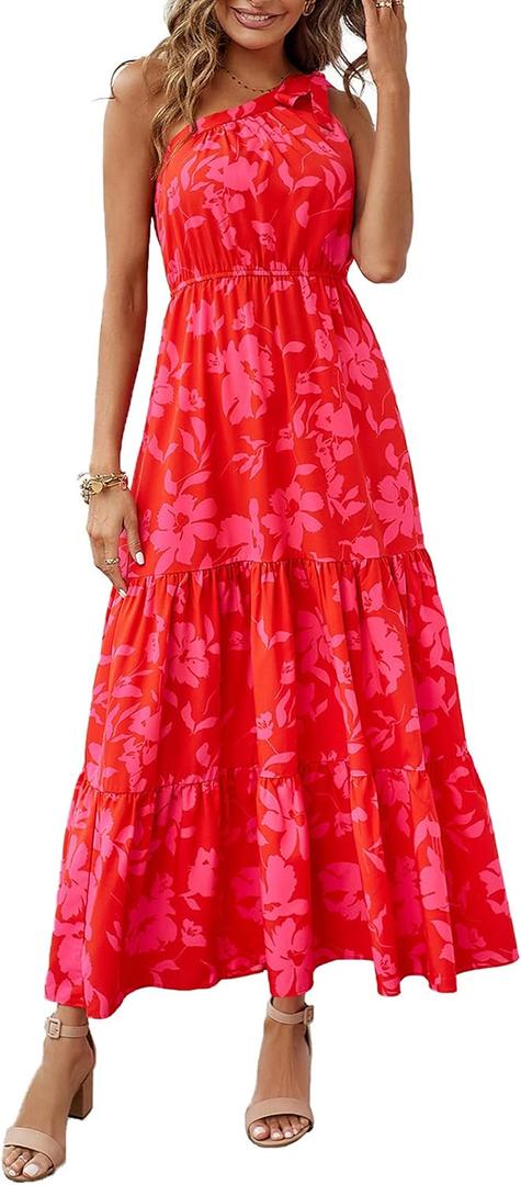 PRETTYGARDEN Women's One Shoulder Boho Floral Maxi Dress | Sleeveless Tiered A Line, Long Flowy Sundress, Tie Knot Summer Vacation Dresses, Spring Wedding Guest Outfits for Beach Party M