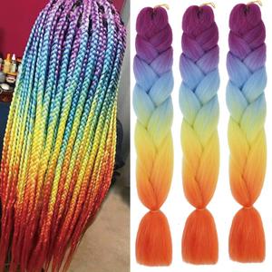 Xiaofeng Braiding Hair Extensions for Women 3 Packs 100g/Pack 24Inch High Temperature Ombre Jumbo Synthetic Braiding Hair for Twist Crochet Braids purple-light blue-yellow-orange