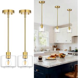 Brushed Gold Pendant Lights Kitchen Island 2 Pack, Modern Clear Glass Hanging Light Fixtures with Rods, Mini Kitchen Pendant Lighting Over Island for Sink Bathroom, OS-YQ8153-2PBGC