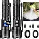 Wdtpro LED Rechargeable Flashlight 2Pack, 3Modes Super Bright High Lumens Flashlights, Zoomable Tactical Flashlight with LCD Display, IP65 Waterproof Flashlights for Home Emergency Camping & Gifts Men (Black)