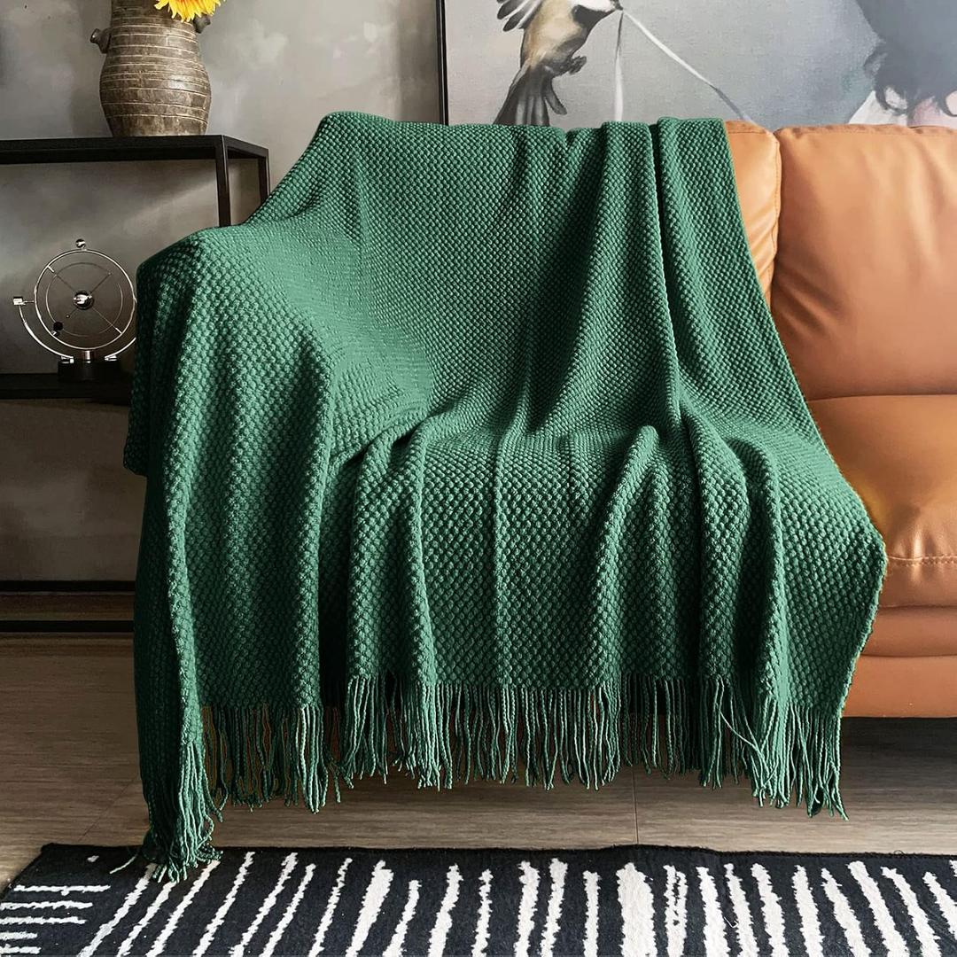 LOMAO Knitted Throw Blanket with Tassels Bubble Textured Lightweight Throws for Couch Cover Home Decor (Green, 60x80)