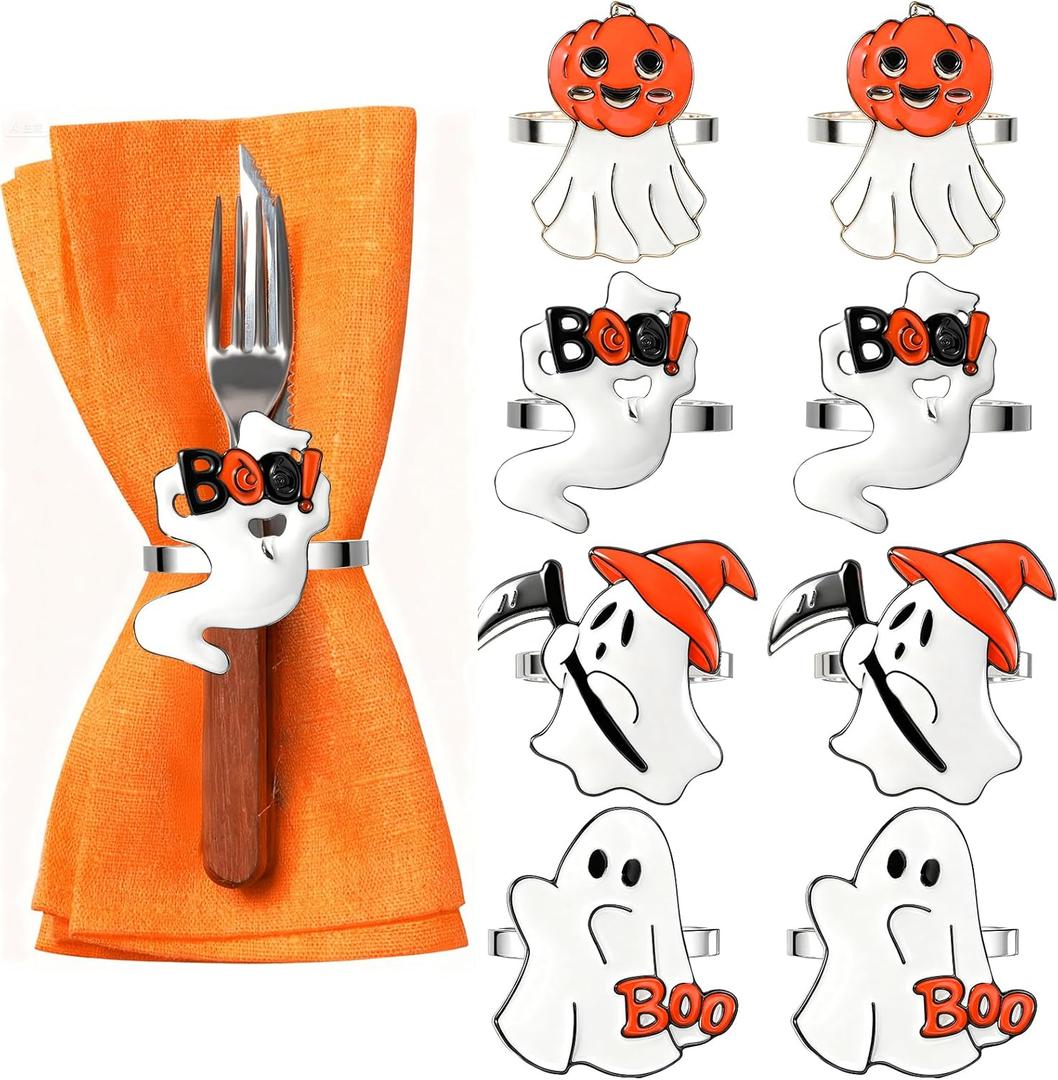 Halloween Napkin Rings Set of 8, Spooky Napkin Ring Holders Pumpkin Witch Hat Ghost Alloy Napkin Ring Buckle for Halloween Party Kitchen Dinner Table Decorations
