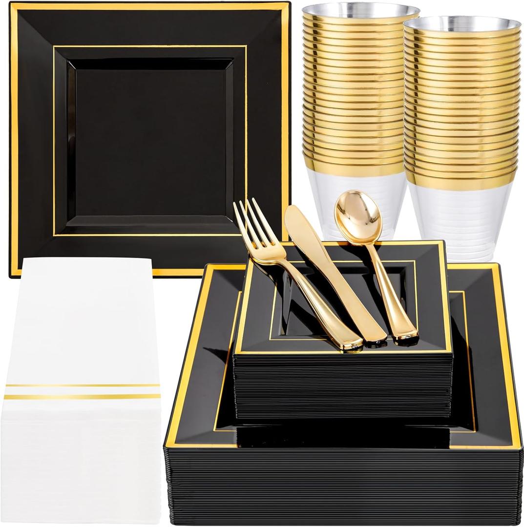 Festiva 350Pcs Black and Gold Plastic Plates-50Guests Disposable Square Black Dinnerware Set include 100 Plastic Plates,50Cups,150Plastic Cutlery,50Napkins for Party,Halloween&Wedding&Fathers Day