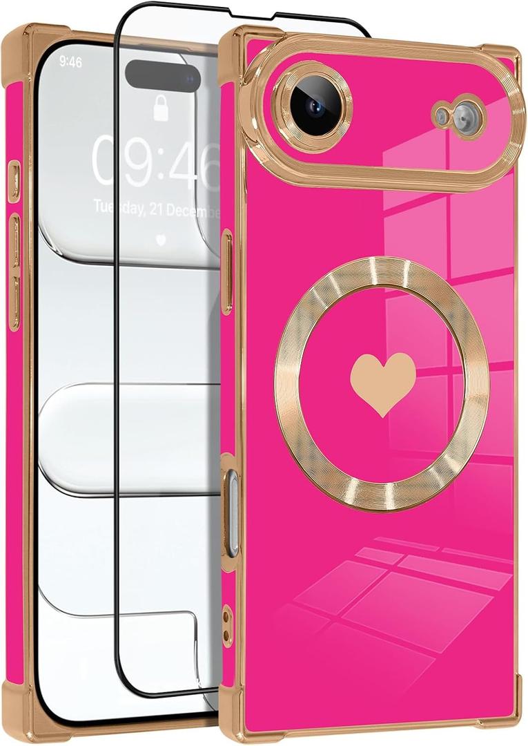 OOK Magnetic Case for iPhone Air 6.5 Inch [Wireless Charging Compatible] Soft TPU Heart Design Phone Cover with Screen Protector Shockproof Protection Slim Case for Women - Hot Pink