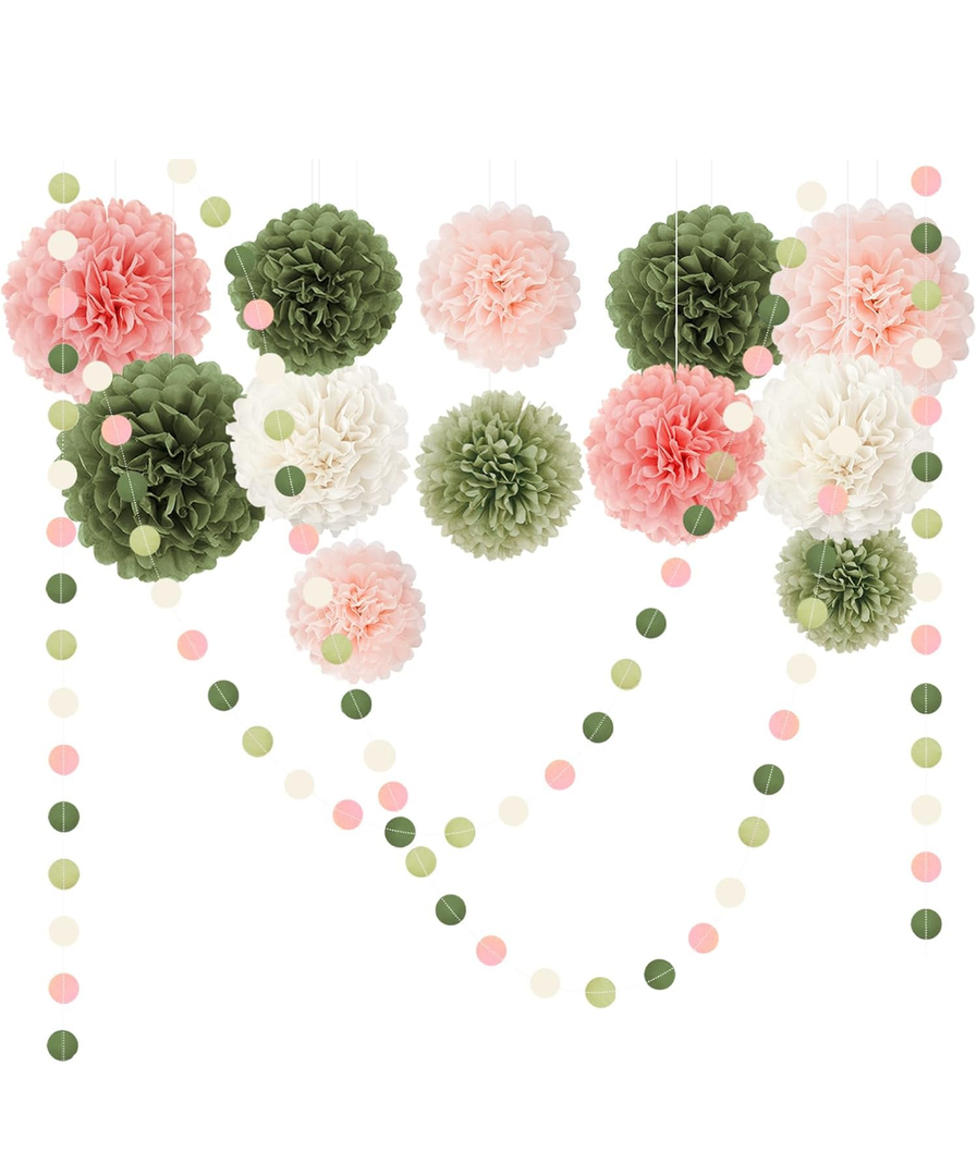 Wedding Party Decorations Set, 15 PCS Pink Sage Green Tissue Paper Pom Poms Dots Paper Garland String Hanging Decor for Bridal Shower Baby Shower Engagement Birthday Spring Summer Party