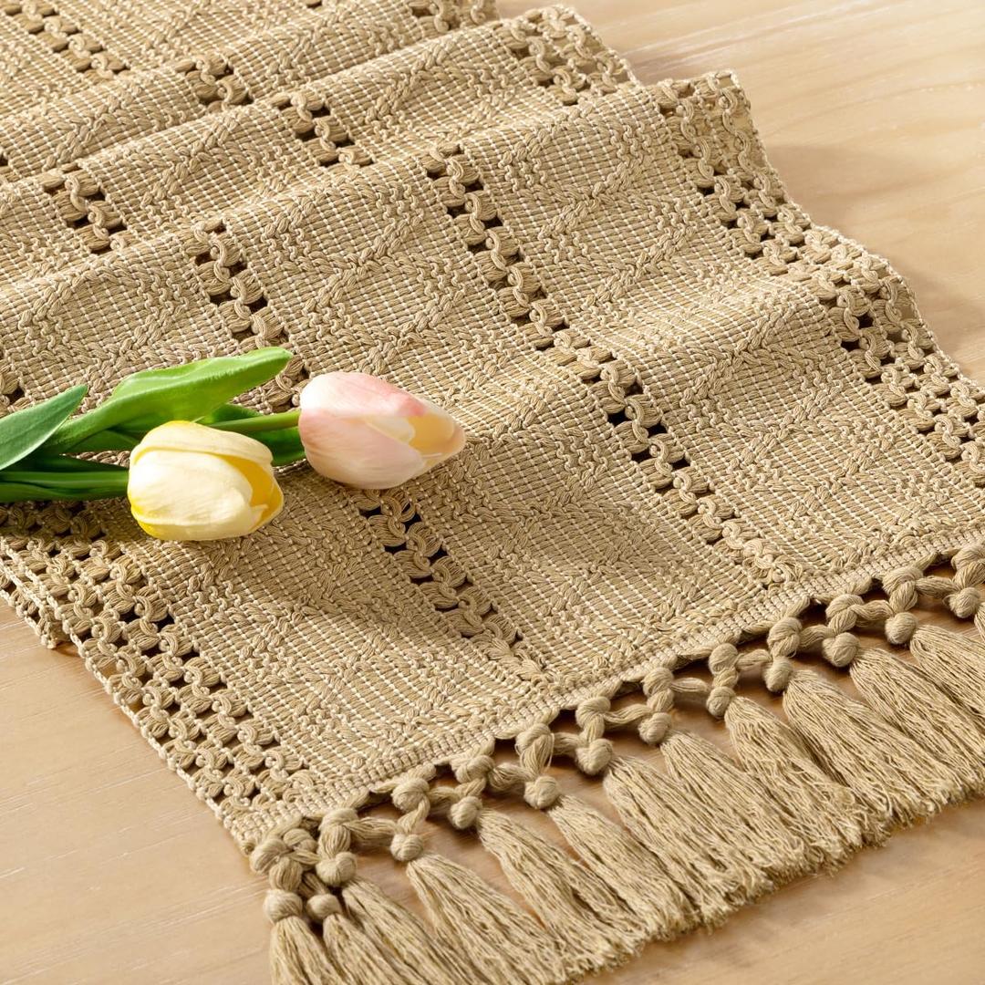 Boho Table Runner Summer Farmhouse Rustic Dining Kitchen Centerpiece Decor Small Macrame Woven Cotton Linen Coffee Table Runner for Dresser Scarf Home Decor 12x36 inch Champagne