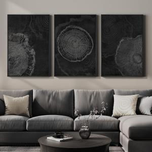 3 Piece Framed Black Tree Rings Wall Art for Living Room, Large Abstract Wood Stump Canvas Artwork for Walls, Rustic Nature Minimalist Prints Paintings for Bedroom Hallway Wall Decor 24x36 Inch