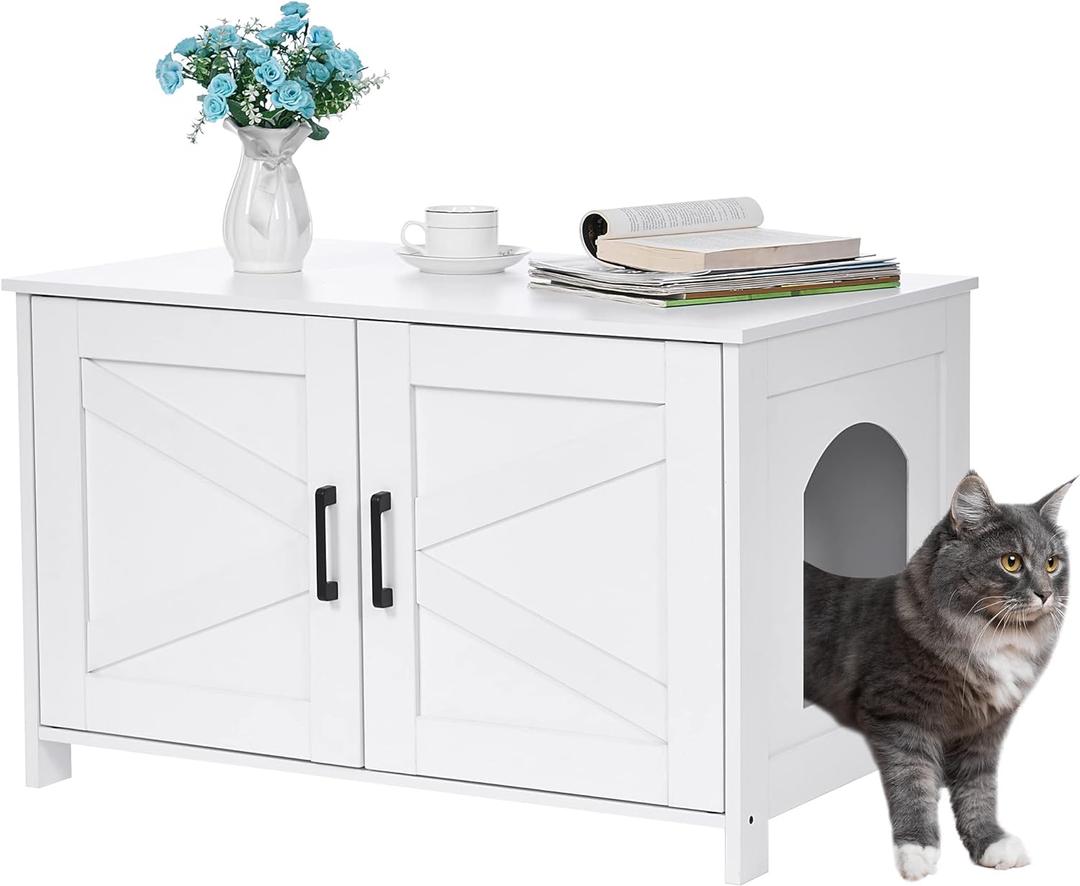 Homhedy Cat Litter Box Enclosure, Wooden Cat Washroom Furniture with Barn Door, Pet House, Fit Most of Litter Box, White (31.5L x 19.7W x 19.7H)