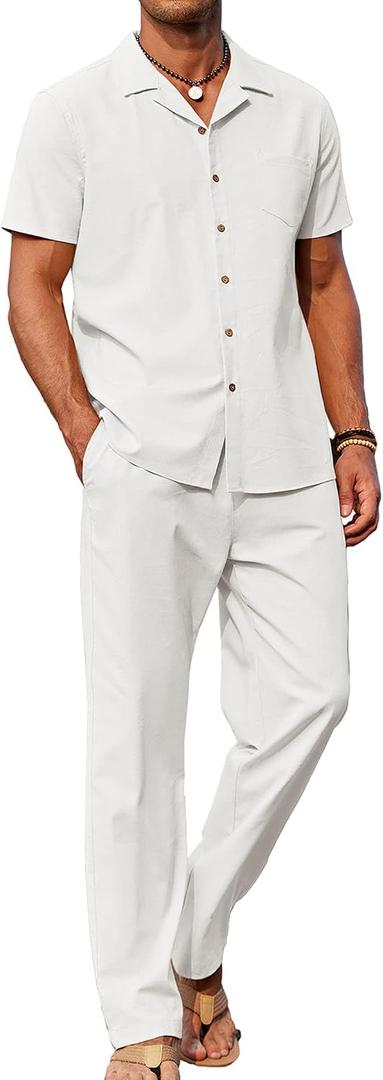 COOFANDY Men 2 Piece Linen Outfit Beach Button Down Shirt Casual Loose Pant Sets (White, L)