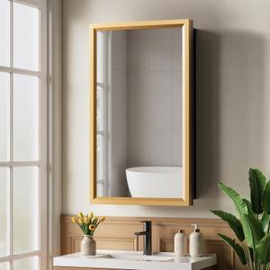 14"x24"Gold Medicine Cabinets for Bathroom with Mirror, Aluminum Alloy Framed Mirror, Recessed(12.85"x22.85")or Surface Wall-Mounted(14"x24") Metal Bathroom Vanity Mirror with Storage Cabinet