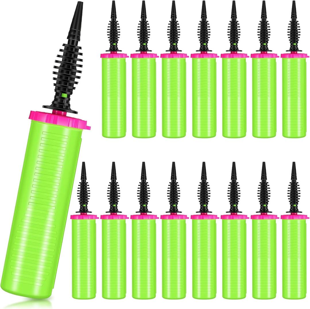 16 Pcs Handheld Balloon Air Pump Inflator Air Pump for Balloons, 2 Way Dual Action Manual Balloon Inflator for Birthday Party Decoration Exercise Yoga Balls Pool Floats, 12 Inch (Green and Pink)
