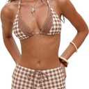 ZAFUL Womens 2 Piece Swimsuits Halter Triangle Top with Boyshorts String Cute Plaid Floral Print Bathing Suits Bikini Sets Small