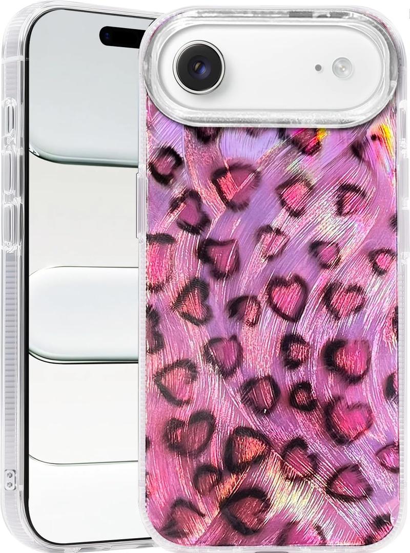 Compatible with iPhone Air Case,with [Soft Slim][Camera Protection] Cute Leopard Print Love Shiny Aesthetic 17 Air Phone Cover Anti-Yellowing Shockproof Protective Cover for Women Girl-Pink