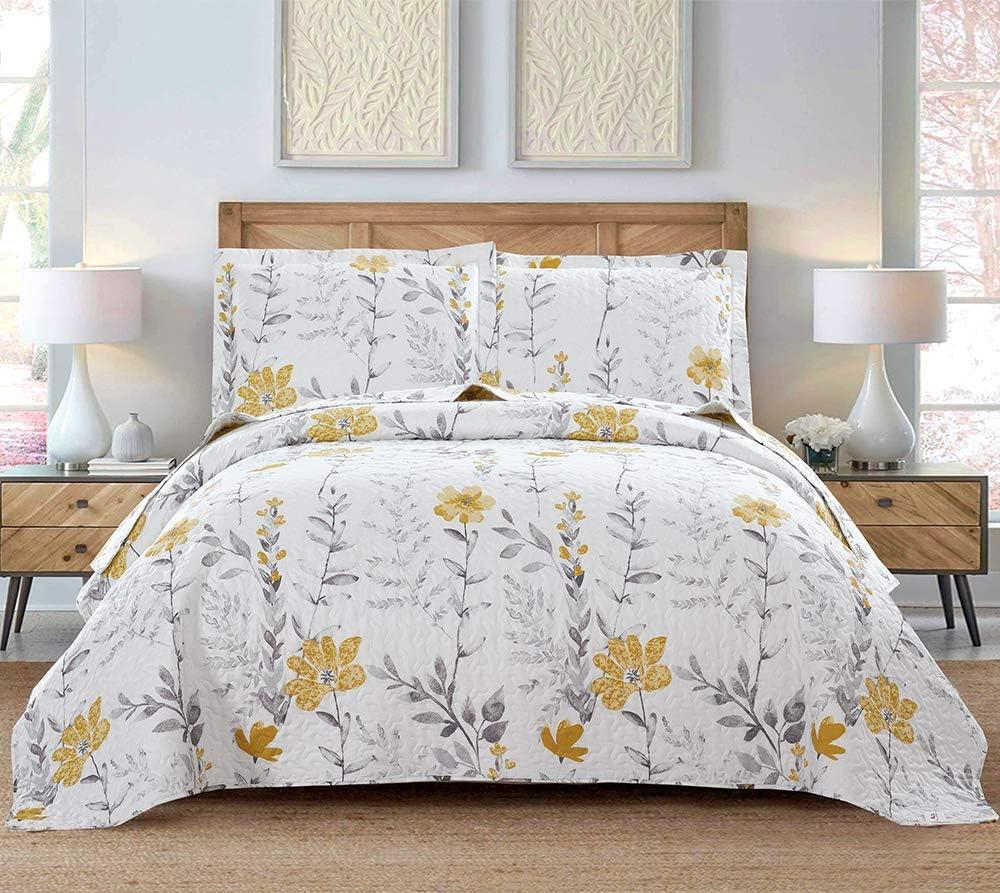 Floral Quilt Set - Queen Size Reversible Bedspread & Coverlet with Pillow Shams - Lightweight for Spring/Summer - Grey & Yellow