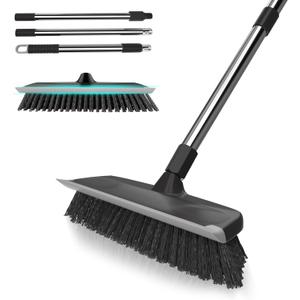 ITTAR Multi-Purpose Scrub Brush with Long Handle, 10" Wide Stiff Bristles Floor Cleaning Brush, 2-in-1 Heavy-Duty Shower Scrubber Brush for Deck, Patio, Pool, Kitchen, Garage, Shower Floor-Black