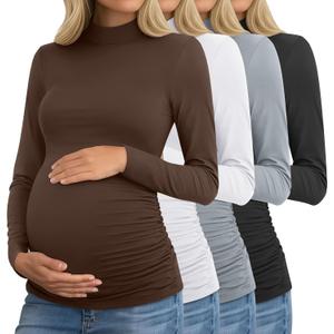 Riyiper 4 Pack Women's Maternity Turtleneck Shirts Long Sleeve Pregnancy Tops Ruched Sides Pregnant Tees Mama Clothes (Medium, Black, Light Heather Gray, White, Coffee)