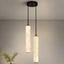 LMQNINE Natural Alabaster Pendant Lights for Kitchen Island White Marble Long Tube Chandelier 4000K Modern Black Ceiling Light Fixtures for Bedroom Dining Room Table Living Room Hallway(M-2Light)