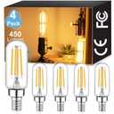 Vinaco 3.39 Inch E12 T6 LED Bulb Dimmable, 4 Pack T6 Candelabra Bulb LED 4W Equal. 40W Warm White 2700K, Clear Glass T6 Tubular LED Edison Bulb for Chandelier, Ceiling Fan, Pendant, Wall sconces