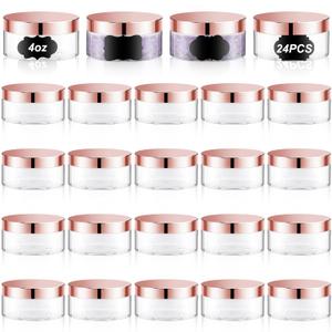 Dandat 24 Pcs 4 oz Plastic Jar Container with Lid and Label Refillable Empty Round Clear with Rose Gold PET Cosmetic Sample Containers for Lotion, Cream, Ointments, Body Butter, Makeup, Travel Storage