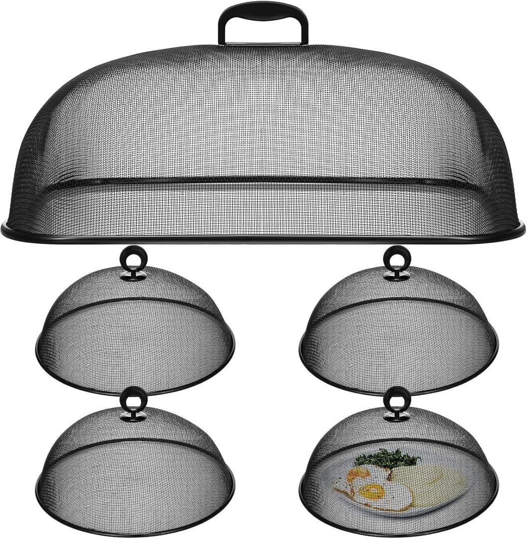 5 Pcs Metal Mesh Food Cover for Outdoors Include 18.5 In Extra Large Mesh Food Tents Fly Fruit Screen Food Net 4 Pcs 11 In Large Dome Plate Covers for Dinner Plates Reusable Picnic Food (Black)