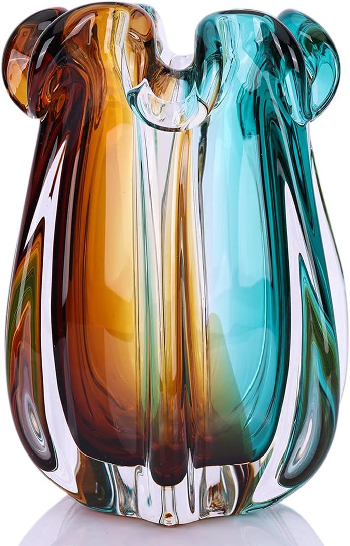 Hand Blown Glass Vase, Murano-Style Colorful Art Glass Centerpiece, Heavy Large Wide Mouth Ruffle Rim, Teal Turquoise and Amber, and Wedding Decorations Living Room Decor (7.48in)