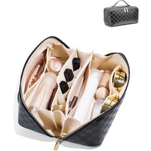 Large Capacity Travel Cosmetic Bag - Portable Makeup Bags for Women Waterproof PU Leather Checkered Makeup Organizer Bag with Dividers and Handle,Toiletry Bag for Cosmetics