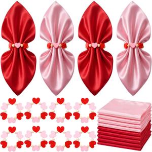 Qinyoung 8 Sets Valentine's Day Cloth Napkins and Heart Rings, Wooden Red Pink Napkins Rings Holders for Valentine's Day Wedding Anniversary Dinner Party Table Decoration