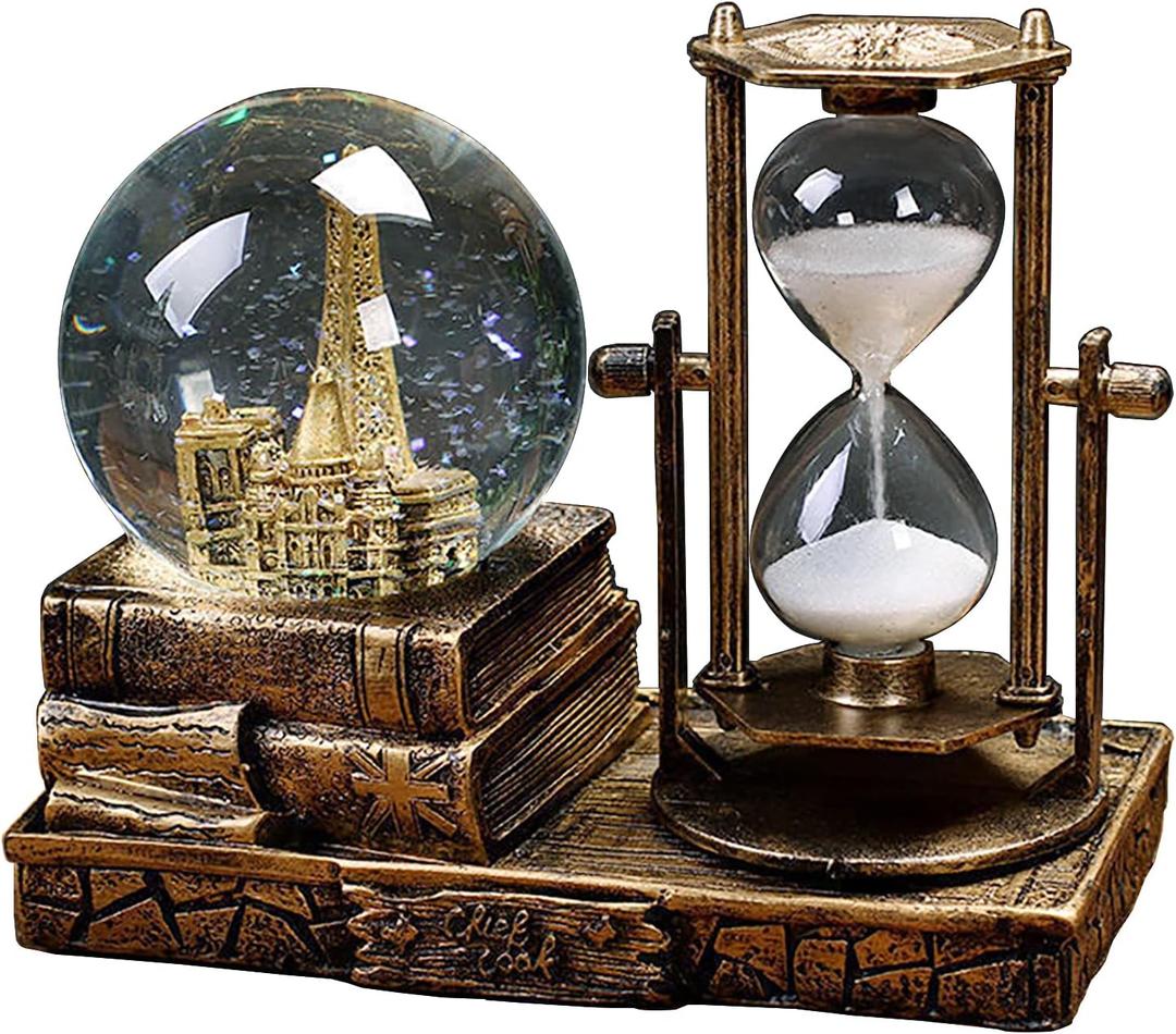 LED Music Snow Globe with Hourglass Vintage Castle Paris Eiffel Tower Home Decoration for Living Room Bedroom Book Shelf TV Cabinet Desk Table Top Decor Centerpieces Ornaments (B  Brass)
