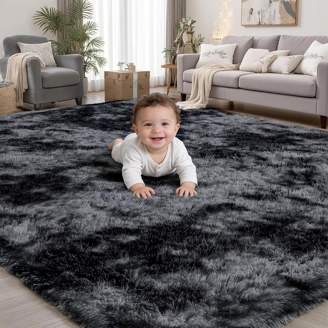 Area Rug for Living Room Bedroom:6x9 Black Grey Soft Fluffy Shag Upgrade Non-Slip High Pile Carpet Large Fuzzy Plush Indoor Floor Decor Shaggy Rug for Kid Boys Girls Playroom Nursery Modern Home (Tie-dyed Dark Grey)