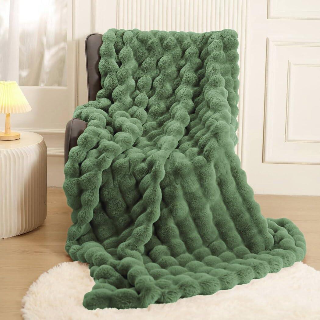 Faux Rabbit Fur Bubble Green Throw Blanket Heavy Warm Thick Furry Fuzzy Bed Blanket Sage Green Fluffy Long Shaggy Plush Blanket for Couch Bed Sofa Chair Living Room, 90 x 90 Inches