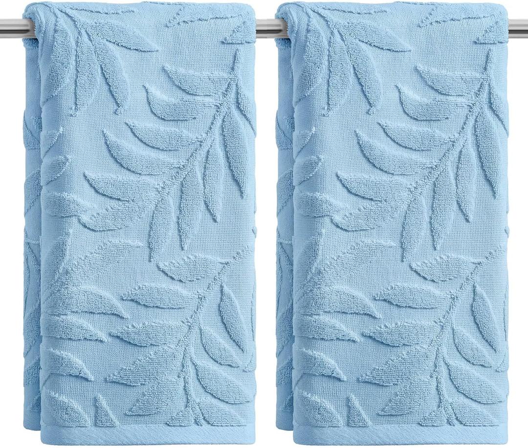 Artoid Mode 2 Pcs Light Blue 3D Leaves Jacquard Hand Towels for Bathroom, 100% Cotton Soft Absorbent Bathroom Decor Towels, 13.7 x 29.5 Inch