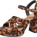 Womens Leopard Print Chunky Heeled Sandals  Cross Strap Design with Adjustable Buckle, Trendy Platform Heels for Casual and Dressy Occasions (8.5, Camel)