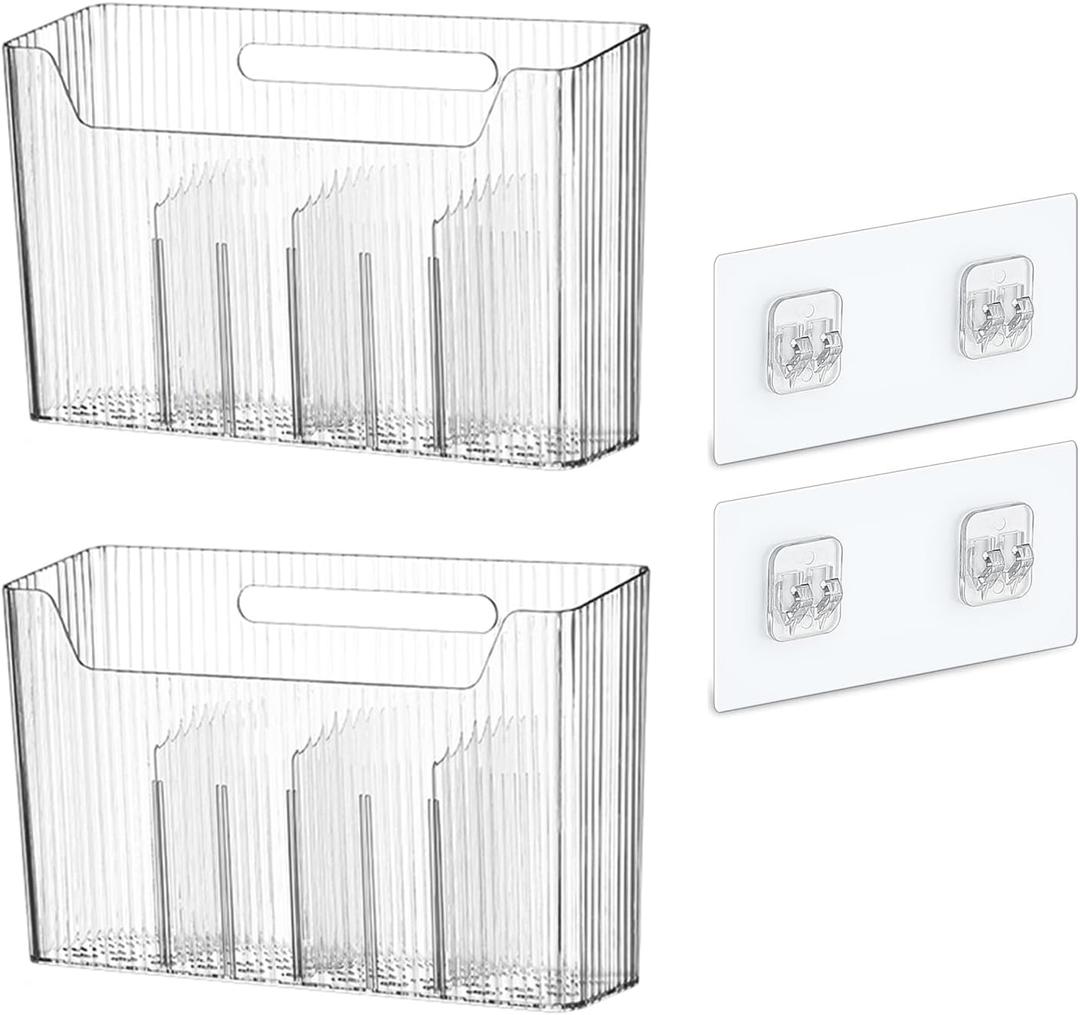 2 Pack Adhesive Mount Cabinet Door Organizer, Wall Mounted Bathroom Organizers and Storage Bins Plastic Stackable Shower Caddy Hanging Floating Shelves for Narrow Space, BPA Free (Clear)