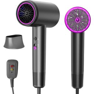 Hair Dryer, 3 Min Fast Drying-110000 RPM Professional High Speed Blow Dryer 200 Millions Negative Ionic Care Hair Dryer, Low Noise Thermo-Control Hairdryer, Travel with Secure Lock Nozzle (Black)