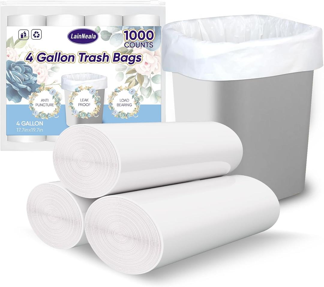 5 x LainNeala Small Trash Bags 4 Gallon, 1000 Count Small Garbage Bag Bathroom White Mini Trash Bag Trash Can Liners Unscented Garbage Bags for Bathroom Can