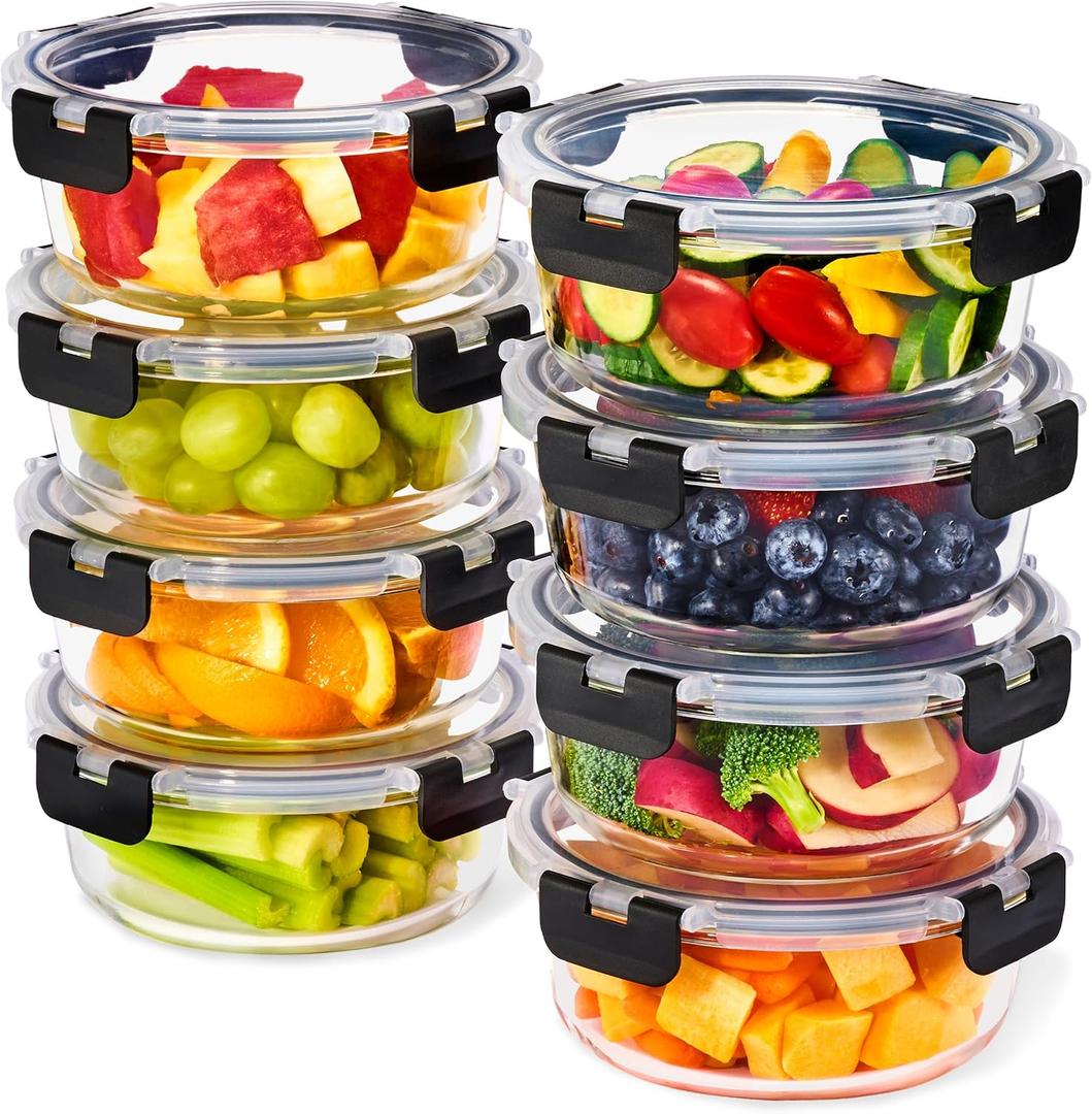 Sorbus 16pc Glass Meal Prep Containers Set 8 Round 32oz Containers with Airtight Lids Freezer, Dishwasher, Oven Safe Reusable Food Storage Bowls, 4 Cup Capacity for Meal Prep and Storage