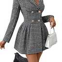 utcoco Women's 2025 Fall Plaid Tweed Dress Notched Lapel Double Breasted Elegant A Line Mini Jackie Dress (Medium, Black)