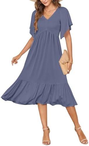 AUSELILY Women's Summer Empire Waist Dress Smocked Flutter Short Sleeve V Neck Midi Dresses 2025 Purple Grey XL