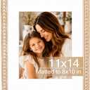 Solid Wood 11x14 Picture Frame Beaded Frame with 8x10 Mat, Rustic Vintage 11 by 14 Photo Frame Matted with Plexiglass for Wall Display, Rustic White