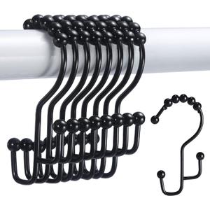 Shower Curtain Hooks, Set of 12 Double Shower Curtain Hooks Rings, Black Shower Curtain Hooks Rust Proof, Stainless Steel Bathroom Shower Hooks for Shower Curtain, Towels, Clothing, Black