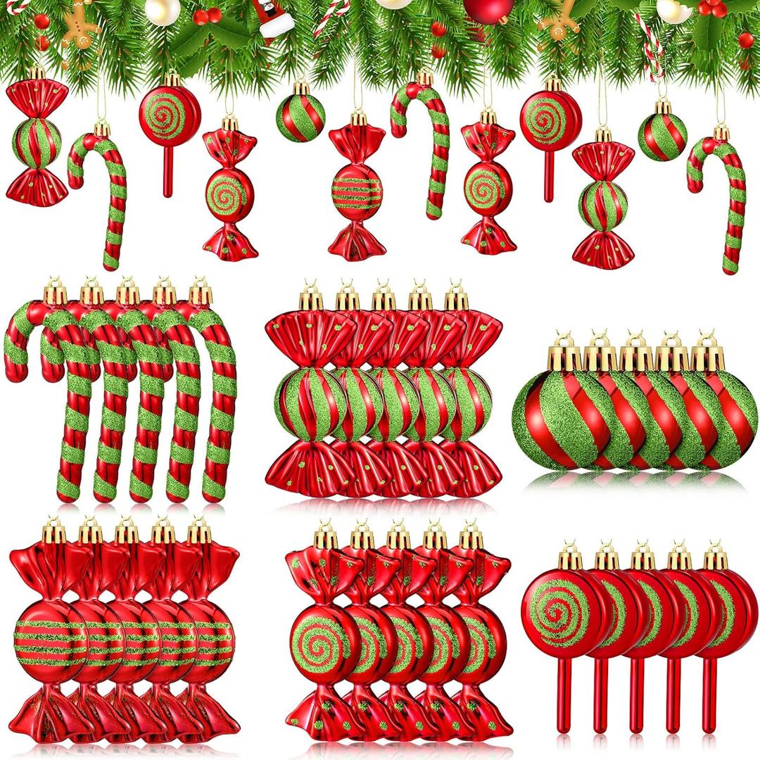 Liliful 30 Pcs Christmas Candy Cane Lollipop Ornaments Set Plastic Holiday Peppermint Candy Home Hanging Ornament Lollipop with Rope for Xmas New Year Party Decor(Red Green)