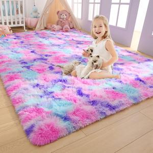 AROGAN Soft Rainbow Area Rugs for Girls Room 4x6 Feet, Fluffy Bedroom Rugs, Princess Rug, Cute Colorful Carpet for Kids Teens Nursery Toddler, Hot Pink (4' x 6')