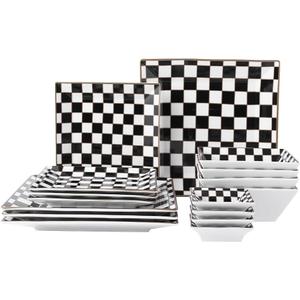 Porlien Checker Porcelain Square Dinnerware Set for 4, Dishes Set for 4 with 3.3-inch Dipping Saucers, Black and White Plates and Bowls Set