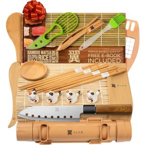 Alas Complete 20 Piece Sushi Making Set - Kit for Beginners & Pros with Knife, 2 Mats, Rice Bazooka and Dipping Plate (Brown)