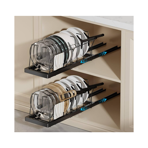 2 Pack Pots and Pans Organizer Under Cabinet, 22" Deep Expandable Pull Out Pot Lid Organizer and Storage with 10 Adjustable Dividers No Drill Pot and Pan Holder Rack with Handle Bracket(Black)