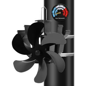 Heat Powered Fireplace Fan Wall Mounted, Wood Stove Fan Thermal Fan for Wood/Log Burning Stove Pellet/Gas Burner, Stove Accessories Thermometer (6 Blade)